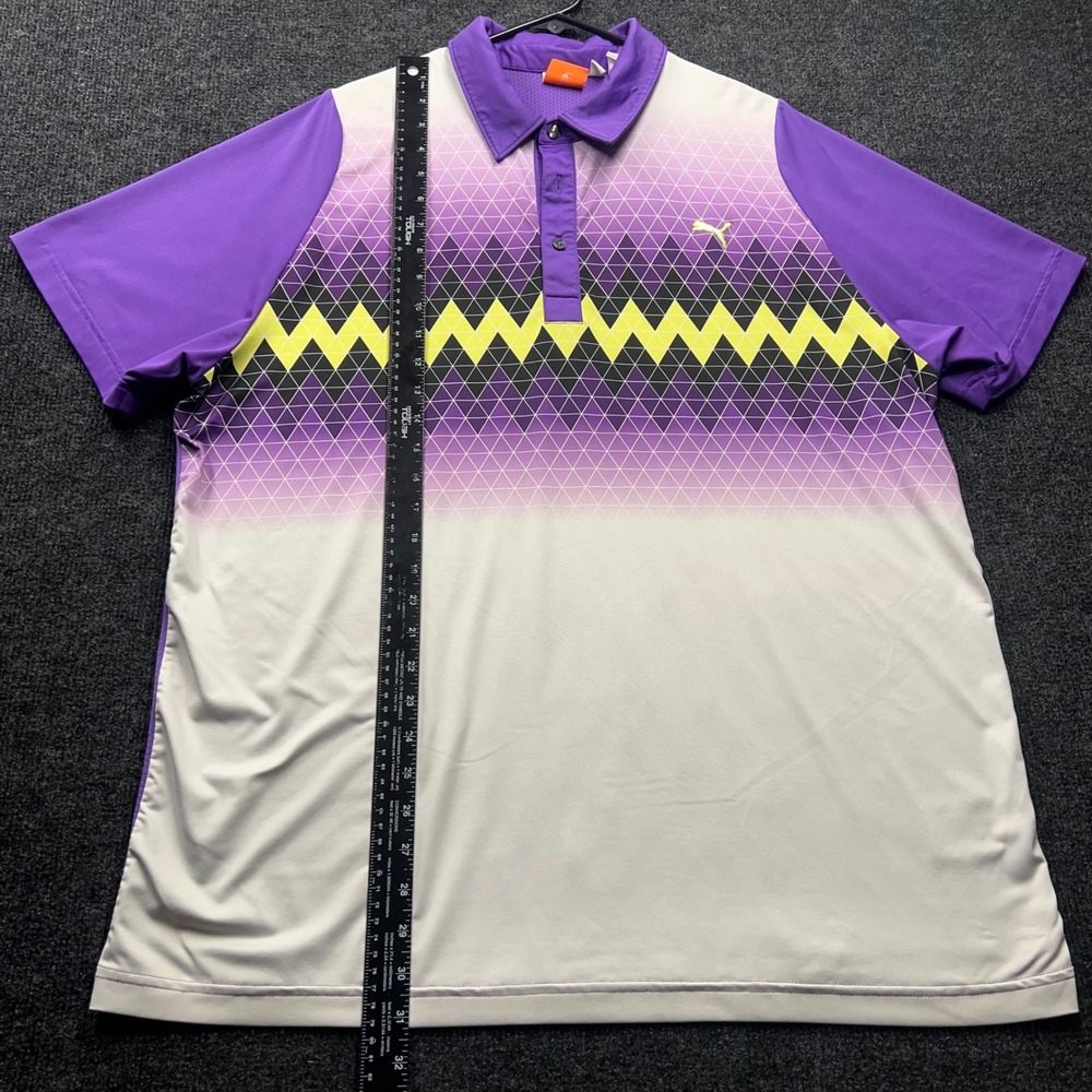 Puma Golf Polo Shirt Mens XL Purple White Geometric Zig Zag Sportlifestyle Logo - Picture 2 of 8